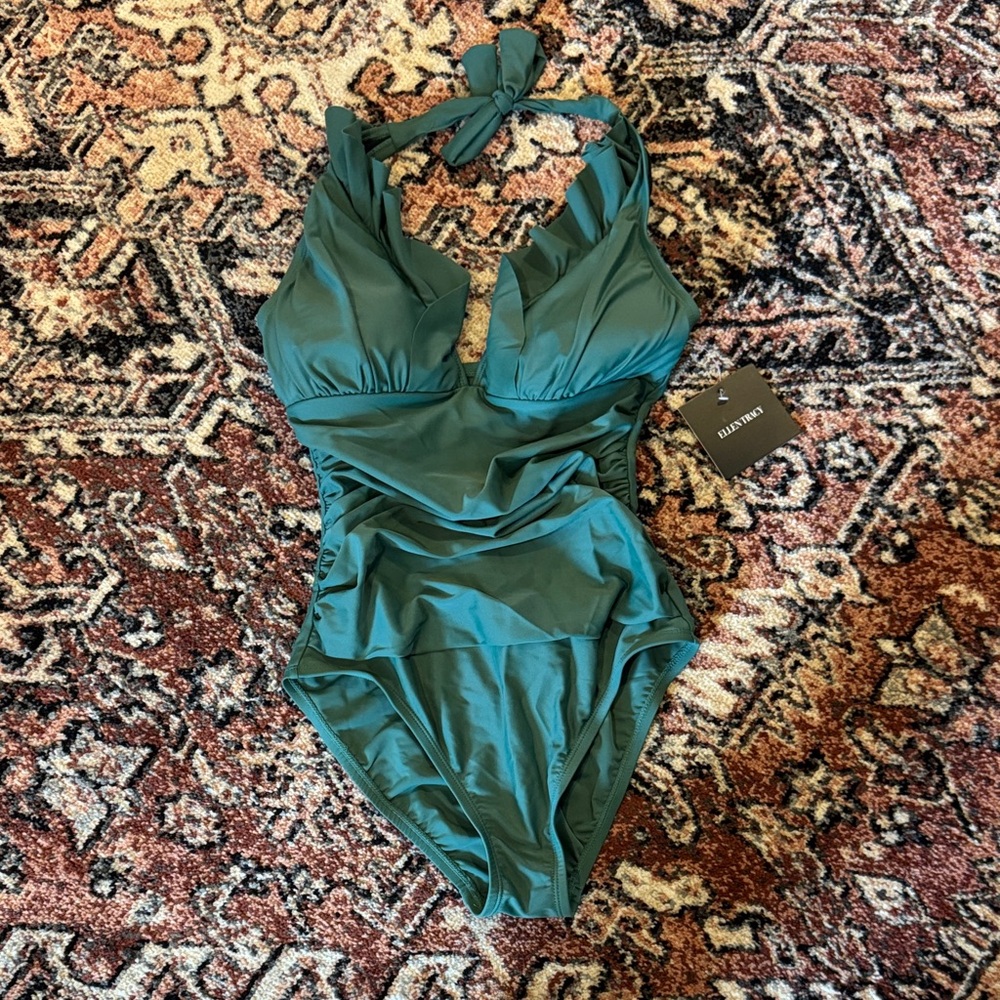 Ellen Tracy Dark Sage Halter One-Piece Swimsuit